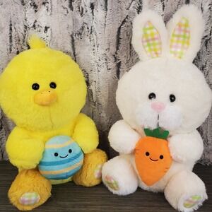 Easter Chick Duck + Bunny Rabbit 12" Plush Stuffed Animals Plaid Feet Egg Carrot